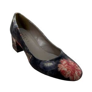 🔵Sesto Meucci Mietta Floral Velvet Multicolor Block Heel Pumps Heels 6.5 Gray